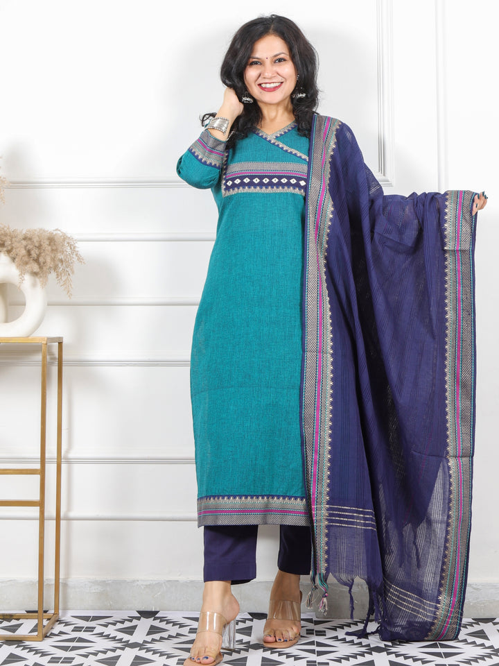 Roop Jade Green Angrakha Neck In Mangalgiri Hem South Cotton 3 Piece Set