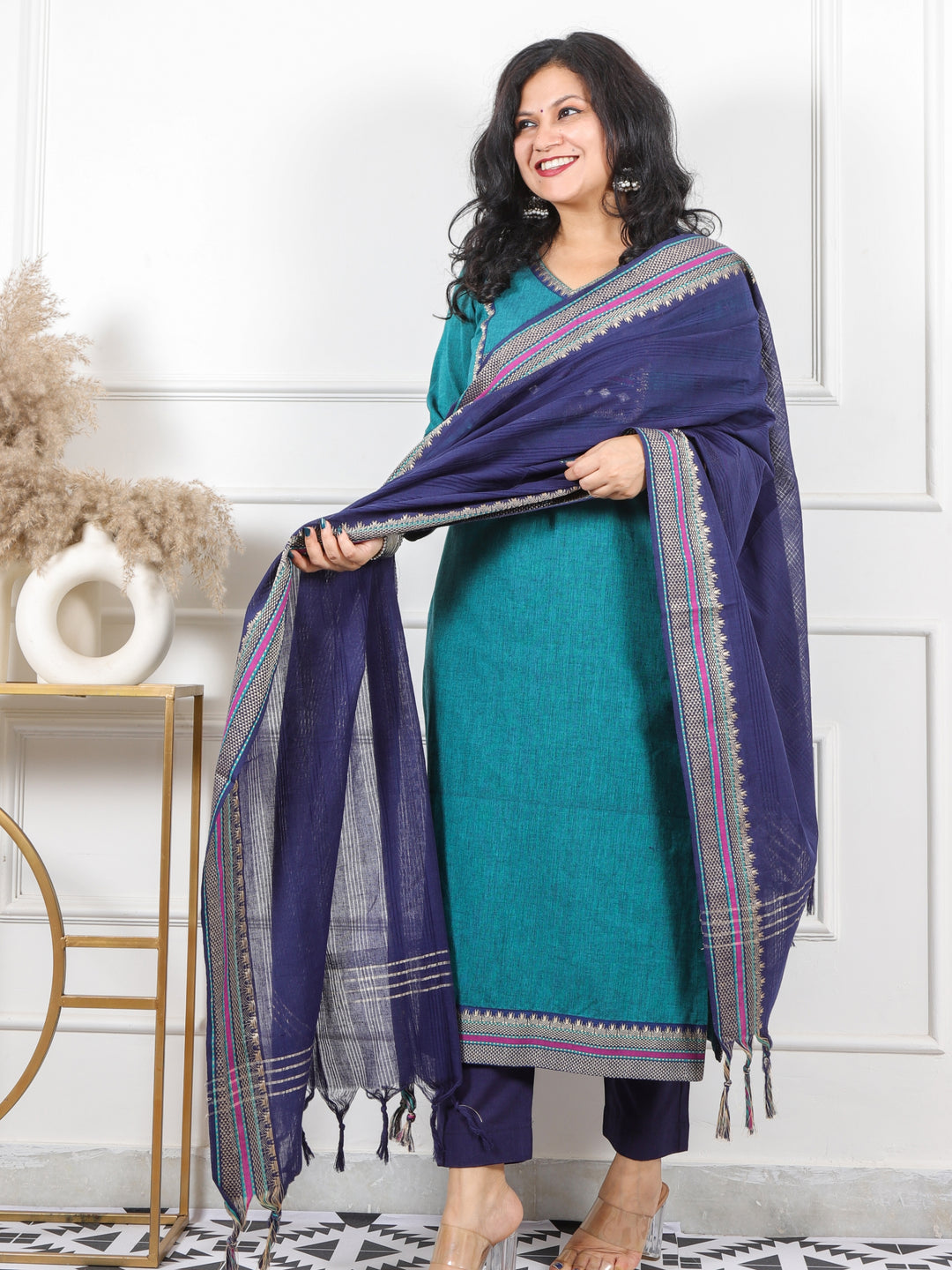 Roop Jade Green Angrakha Neck In Mangalgiri Hem South Cotton 3 Piece Set
