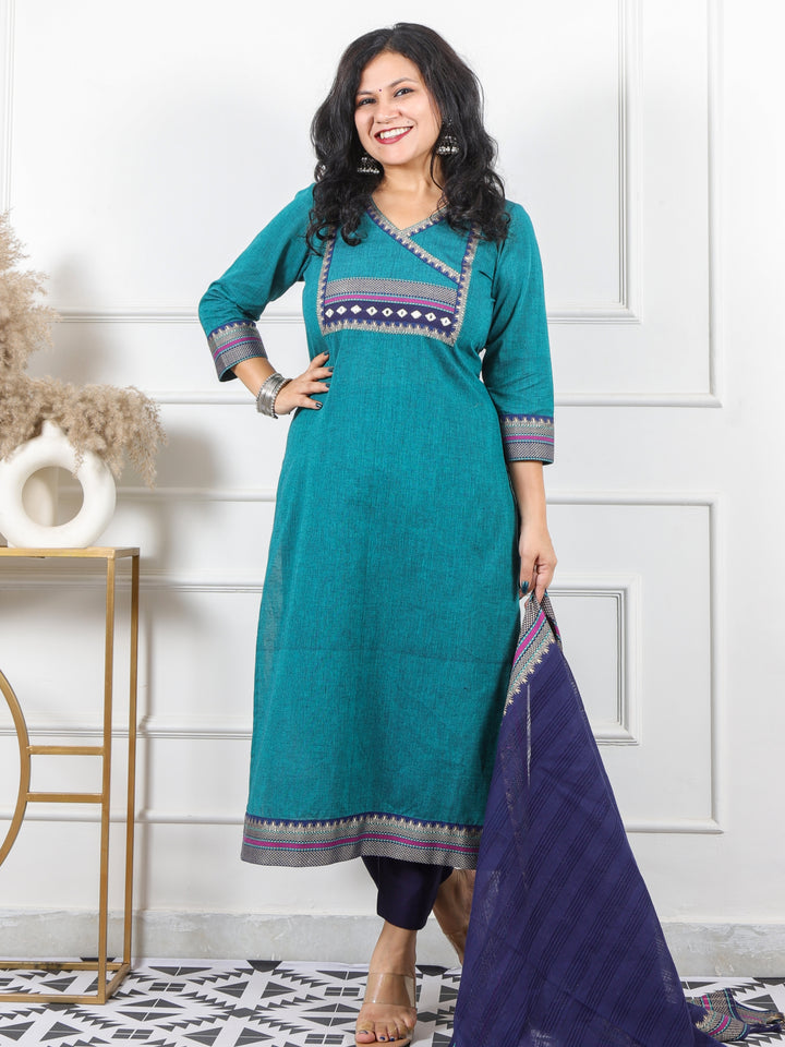 Roop Jade Green Angrakha Neck In Mangalgiri Hem South Cotton 3 Piece Set