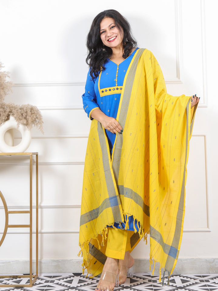 Roop Royal Blue All Over Thread Weaved Handloom Cotton 3 Piece Set