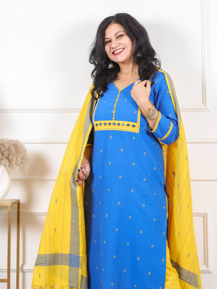 Roop Royal Blue All Over Thread Weaved Handloom Cotton 3 Piece Set