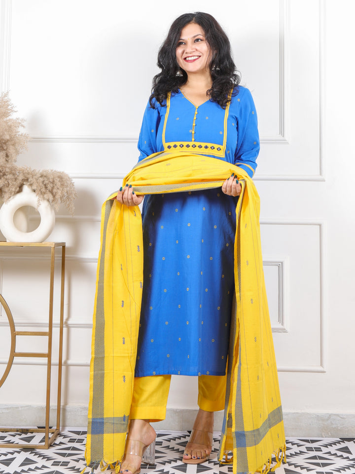 Roop Royal Blue All Over Thread Weaved Handloom Cotton 3 Piece Set
