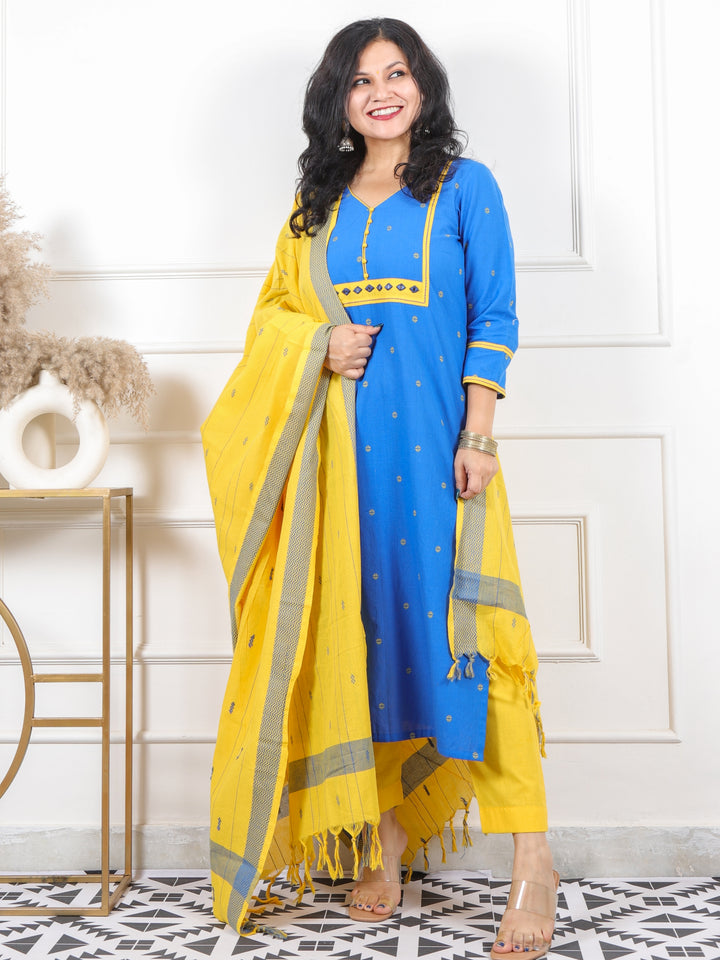 Roop Royal Blue All Over Thread Weaved Handloom Cotton 3 Piece Set