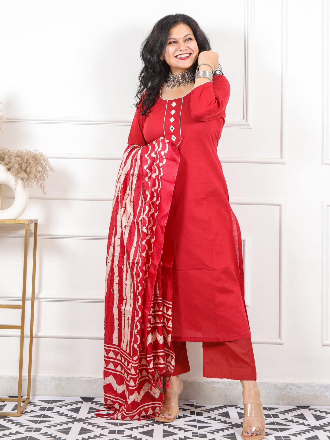Roop Bride Red with Mirror Neck Work Cotton 3 Piece Set