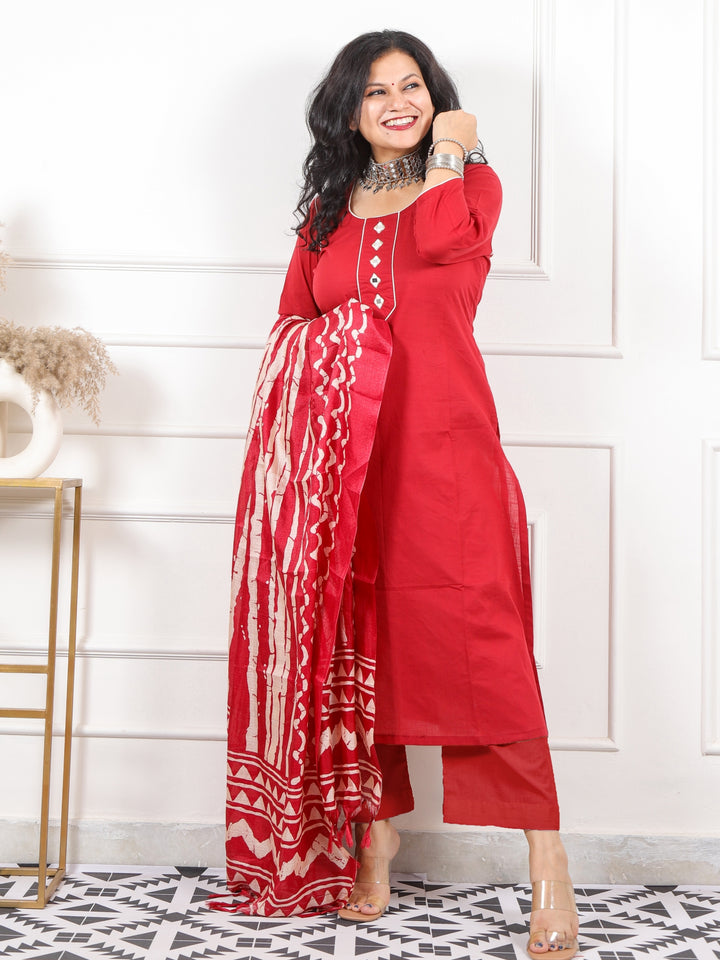 Roop Bride Red with Mirror Neck Work Cotton 3 Piece Set