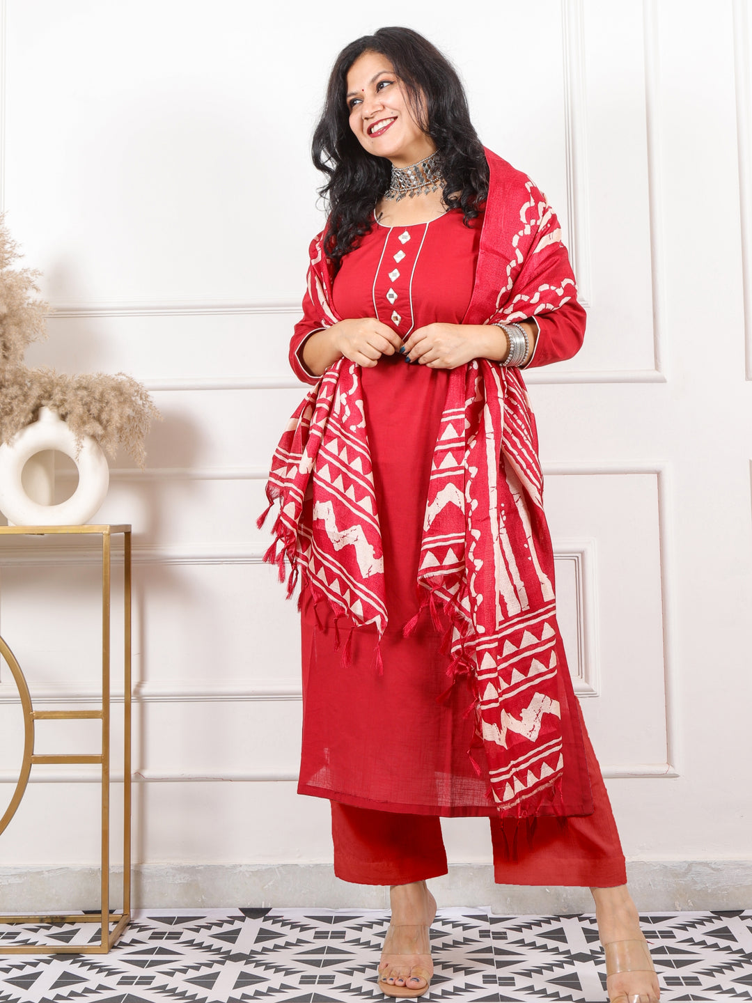 Roop Bride Red with Mirror Neck Work Cotton 3 Piece Set