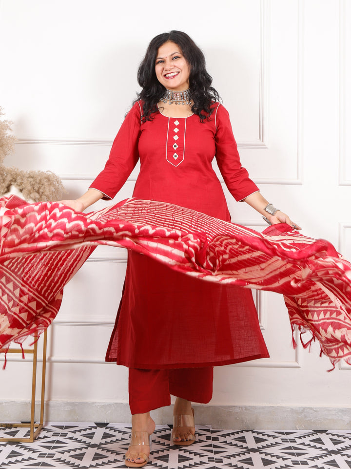 Roop Bride Red with Mirror Neck Work Cotton 3 Piece Set