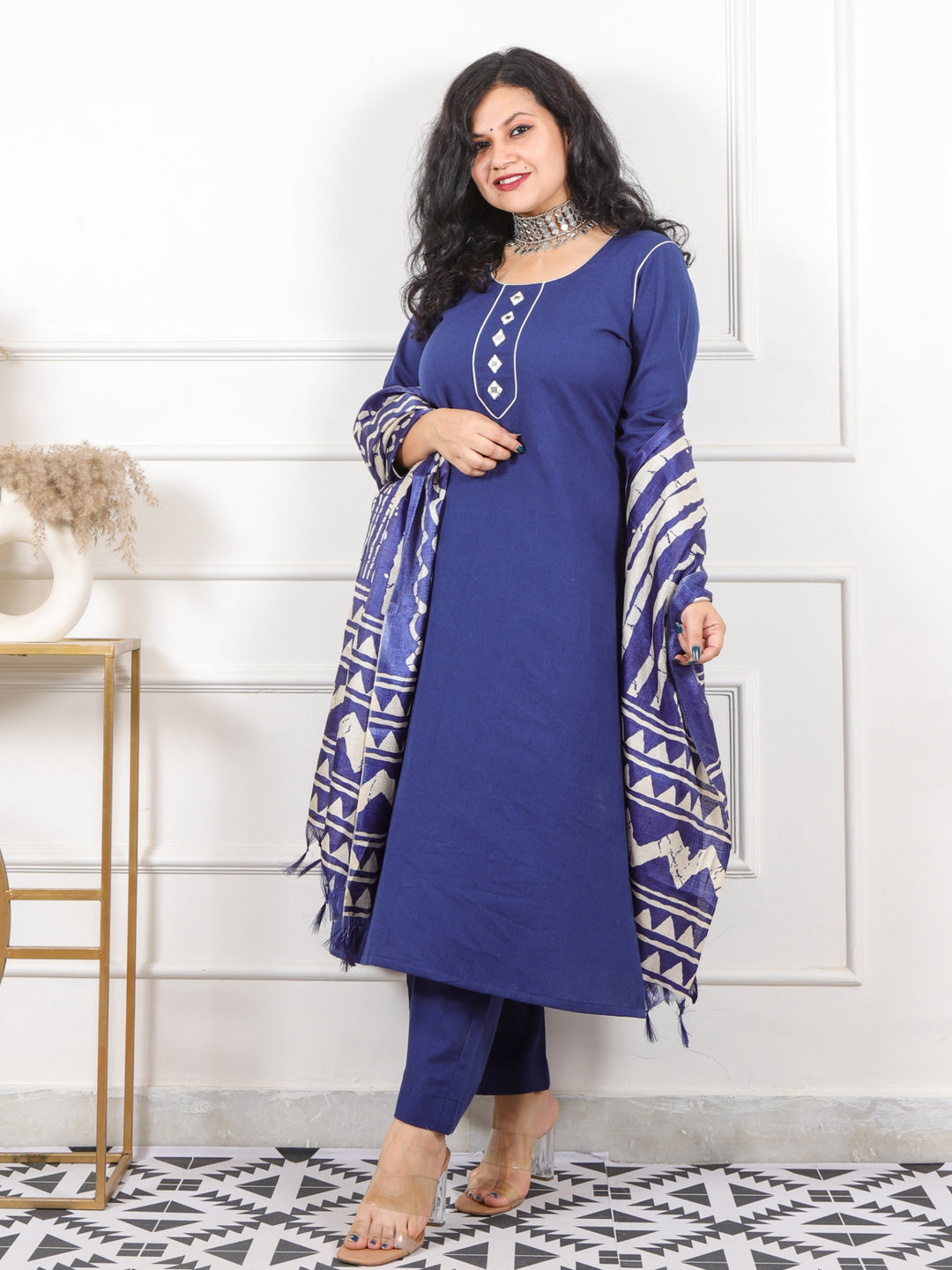 Roop Royal Blue with Mirror Neck Work Cotton 3 Piece Set
