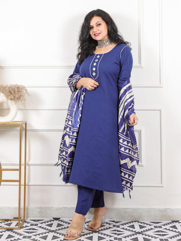 Roop Royal Blue with Mirror Neck Work Cotton 3 Piece Set