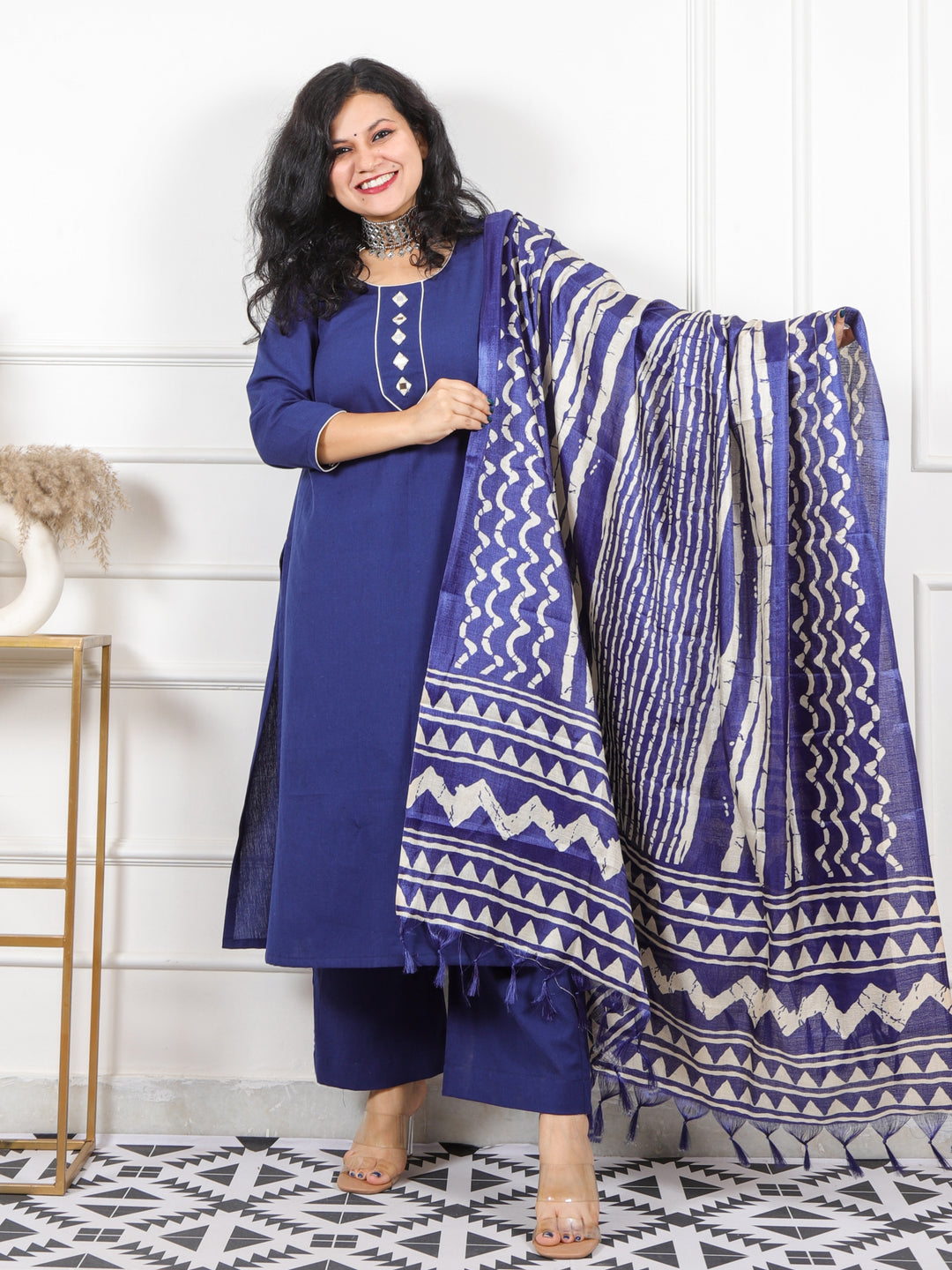 Roop Royal Blue with Mirror Neck Work Cotton 3 Piece Set