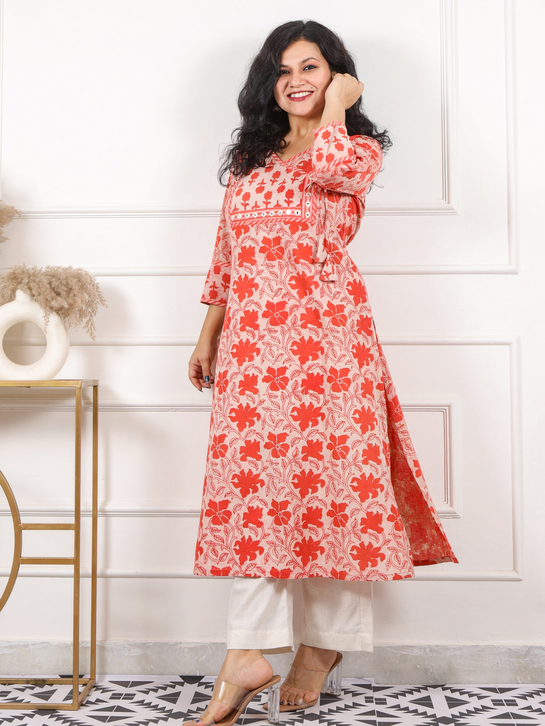 Roop Tangy Orange Angrakha Neck in Dabu Printed Cotton Kurti