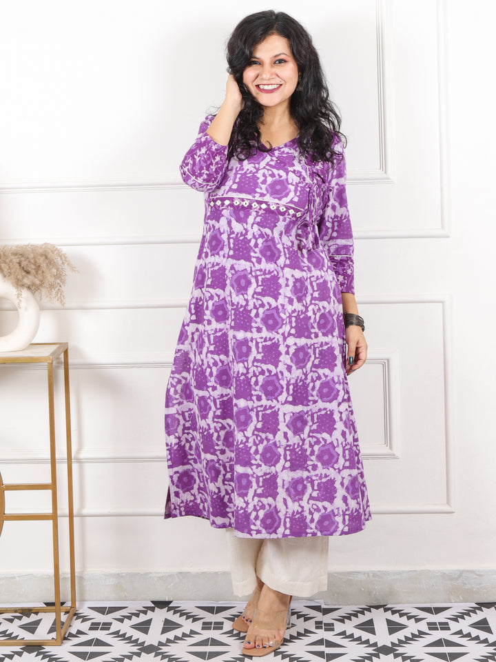 Roop Orchid Purple Angrakha Neck in Dabu Printed Cotton Kurti