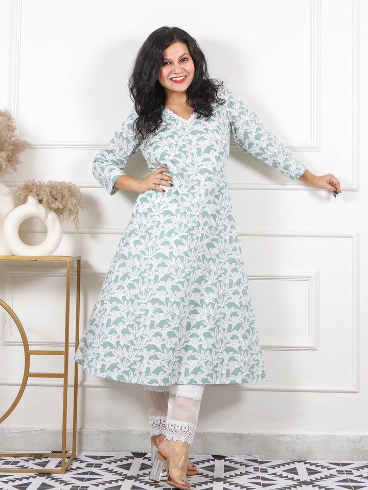 Noor Sage Green V Neck Lace in Floral Printed Cotton Kurti
