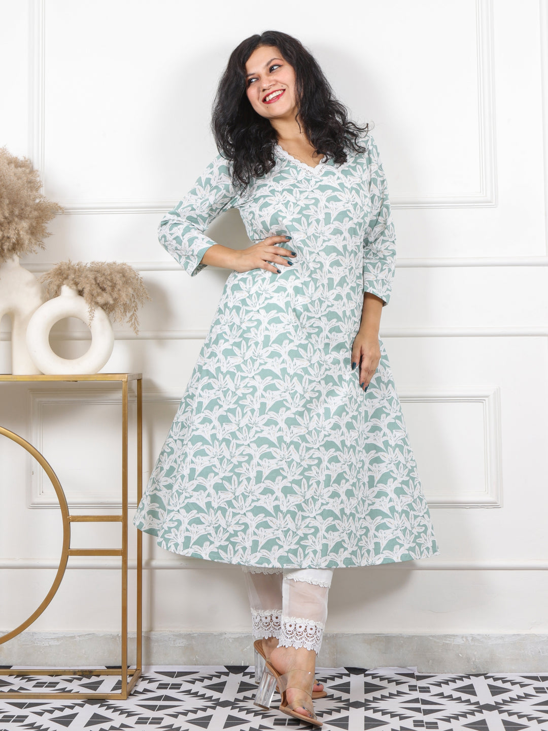 Noor Sage Green V Neck Lace in Floral Printed Cotton Kurti