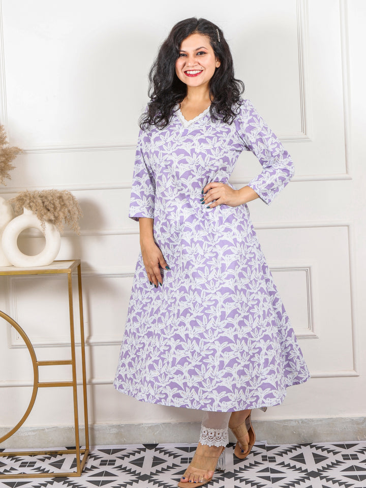 Noor Soft Purple V Neck Lace in Floral Printed Cotton Kurti