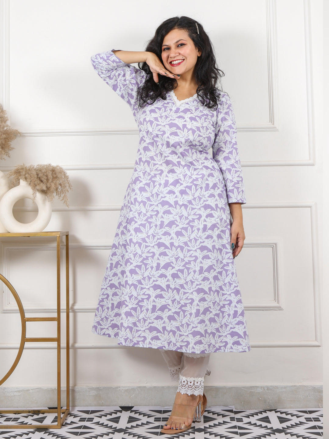 Noor Soft Purple V Neck Lace in Floral Printed Cotton Kurti