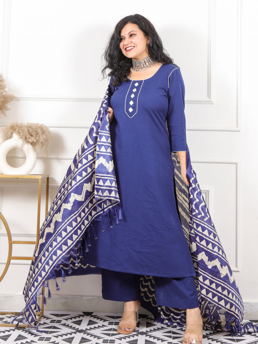Roop Royal Blue with Mirror Neck Work Cotton 3 Piece Set