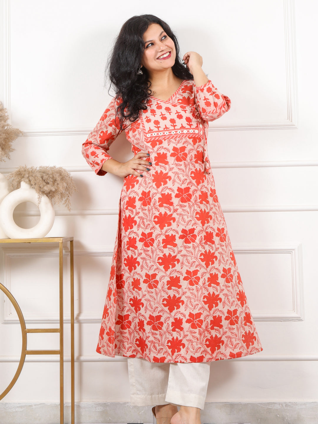 Roop Tangy Orange Angrakha Neck in Dabu Printed Cotton Kurti