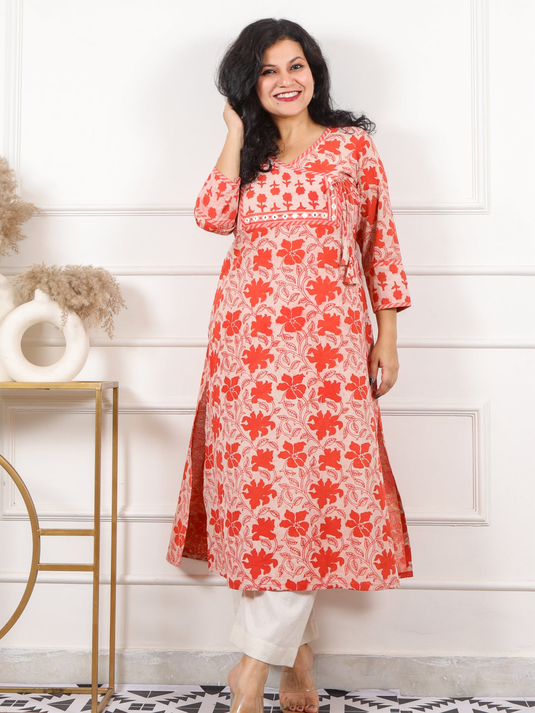 Roop Tangy Orange Angrakha Neck in Dabu Printed Cotton Kurti