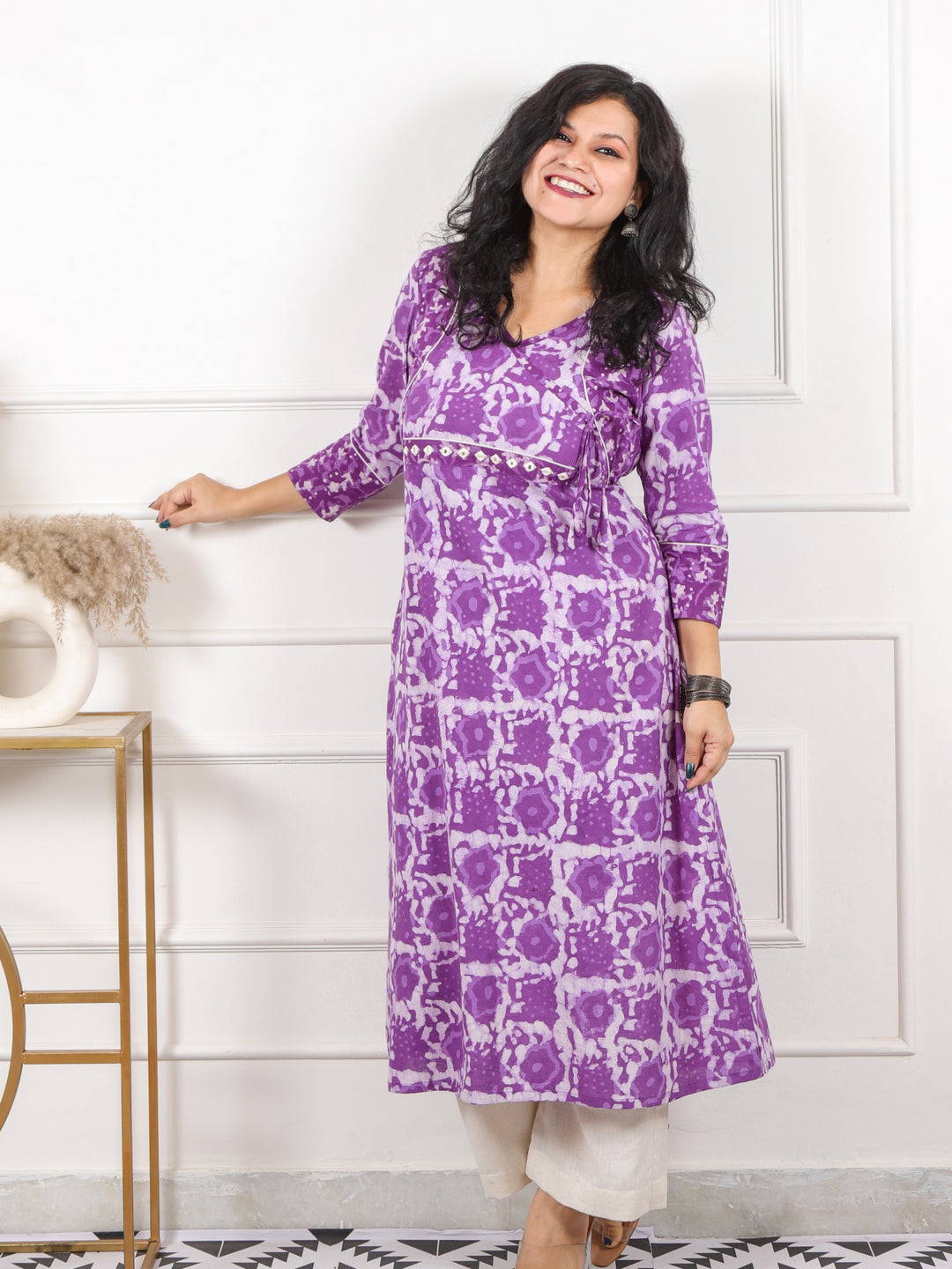 Roop Orchid Purple Angrakha Neck in Dabu Printed Cotton Kurti