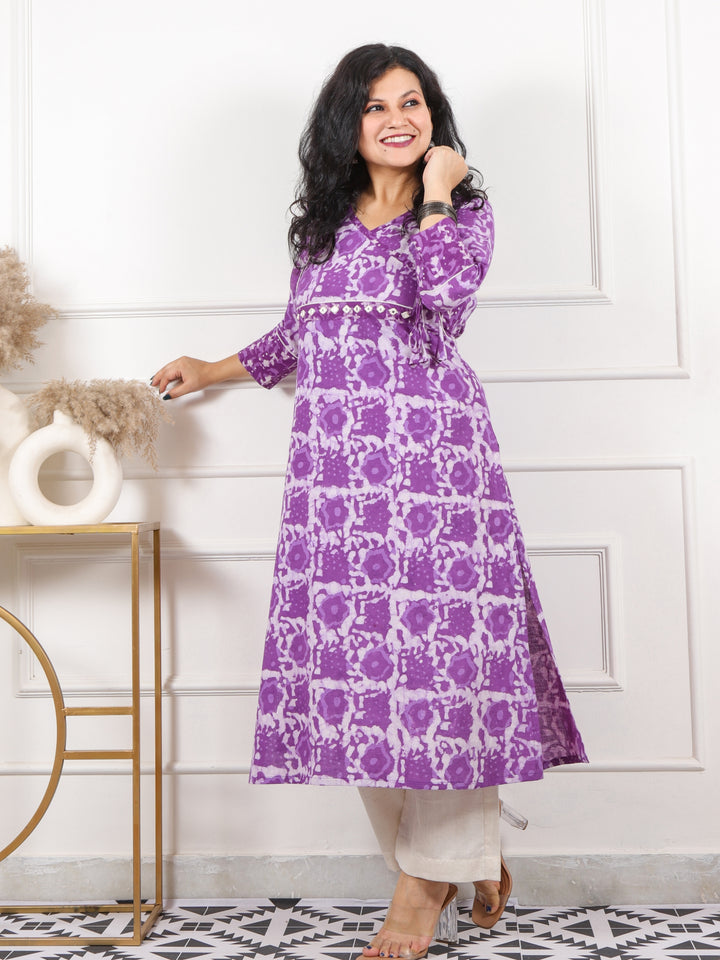 Roop Orchid Purple Angrakha Neck in Dabu Printed Cotton Kurti