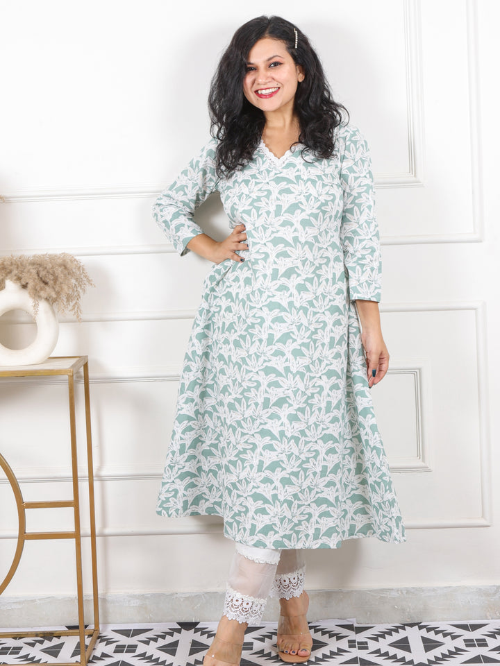 Noor Sage Green V Neck Lace in Floral Printed Cotton Kurti