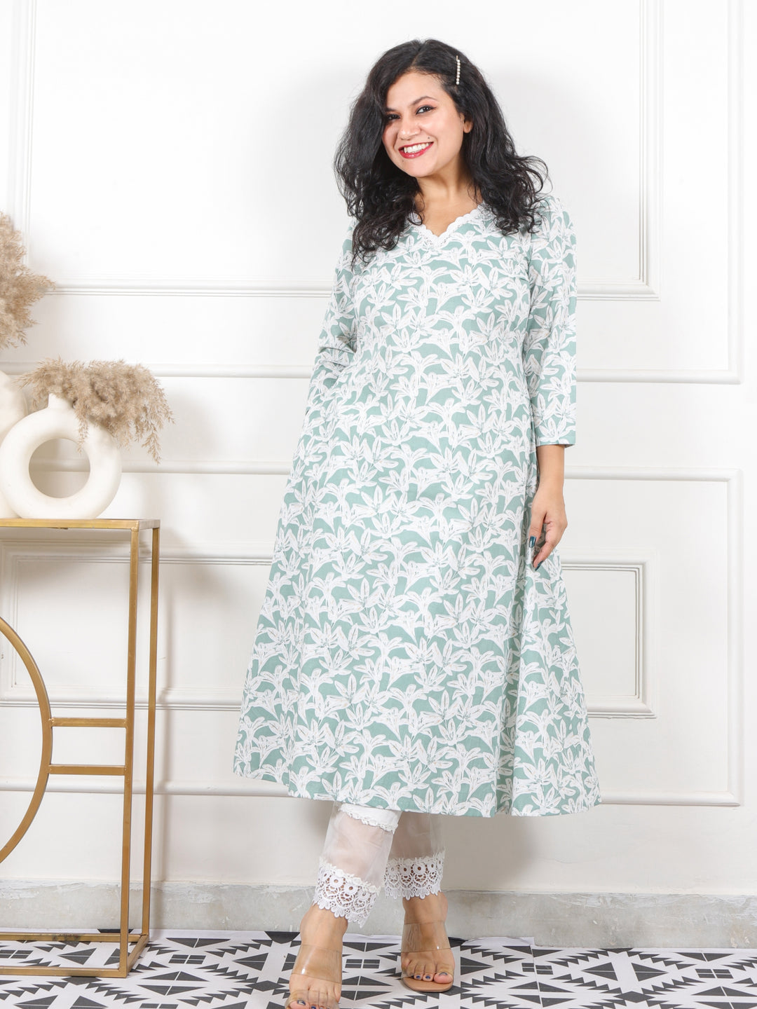 Noor Sage Green V Neck Lace in Floral Printed Cotton Kurti