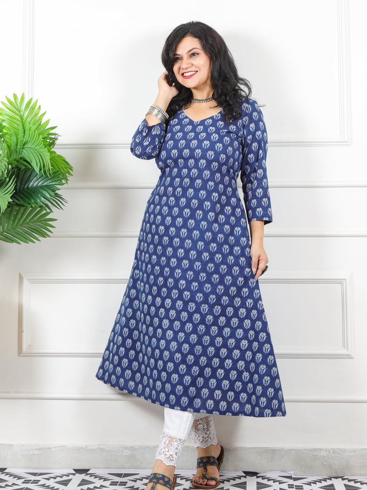 Noor Dark Blue V Neck Lace in Dabu Printed Cotton Kurti