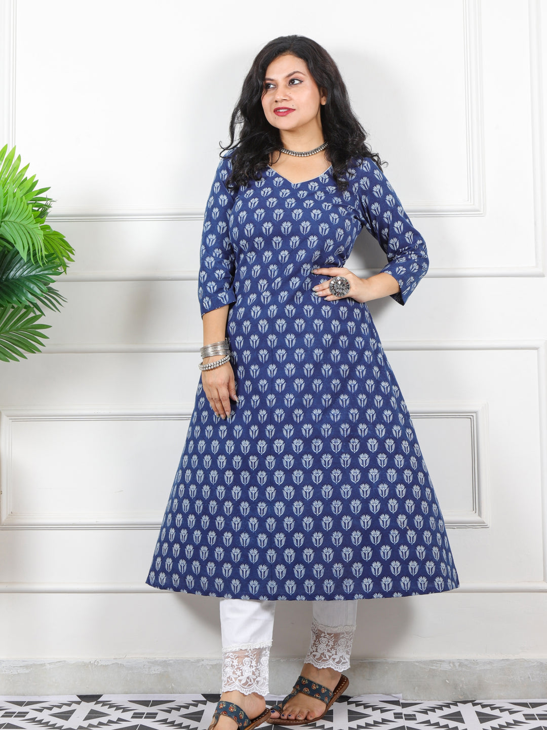 Noor Dark Blue V Neck Lace in Dabu Printed Cotton Kurti