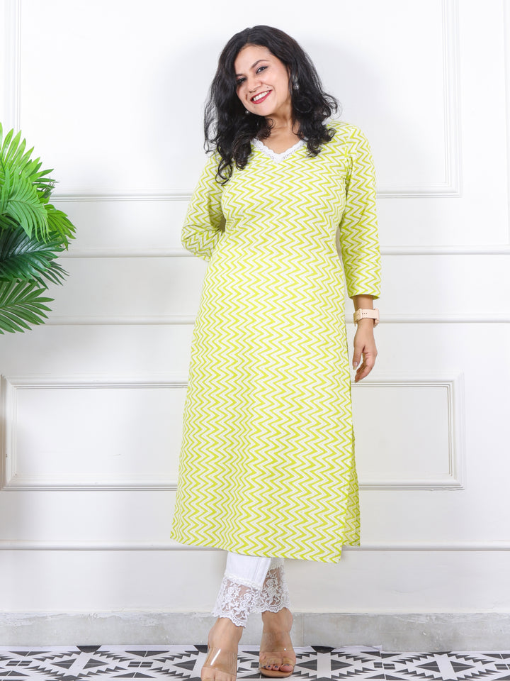 Noor Minty Neon V Neck Lace in Zig-Zag Printed Cotton Kurti