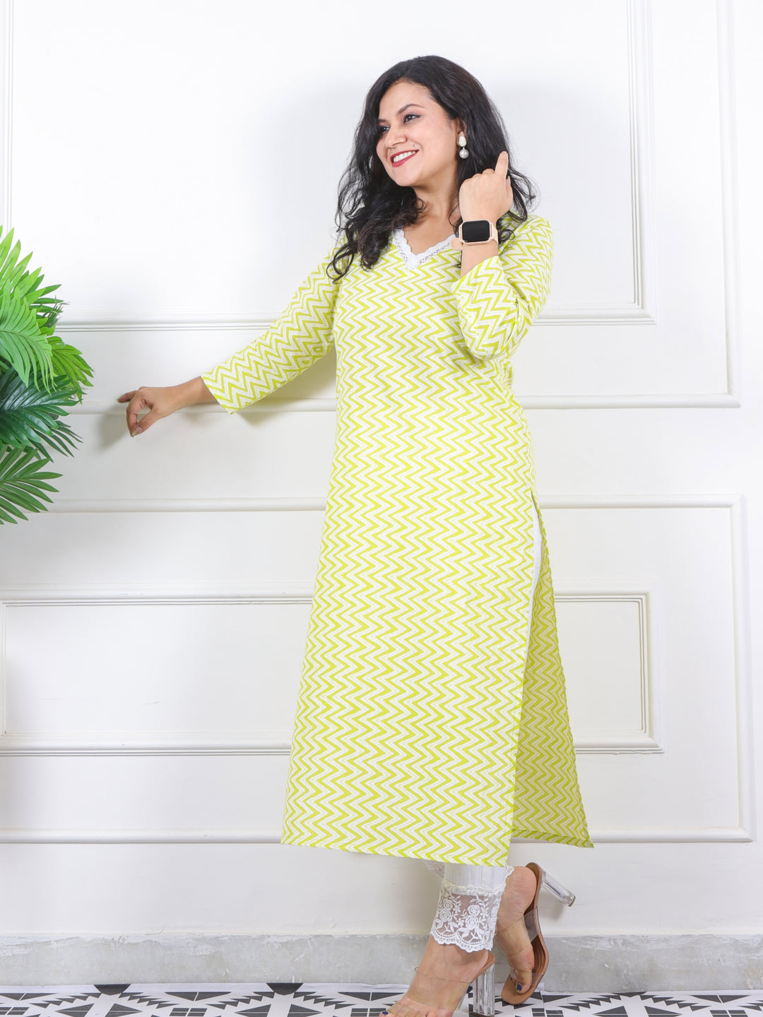 Noor Minty Neon V Neck Lace in Zig-Zag Printed Cotton Kurti