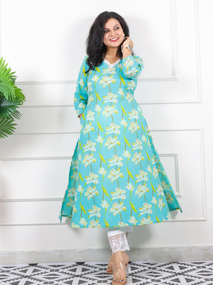 Noor Turquise Teal V Neck Lace in Floral Printed Cotton Kurti