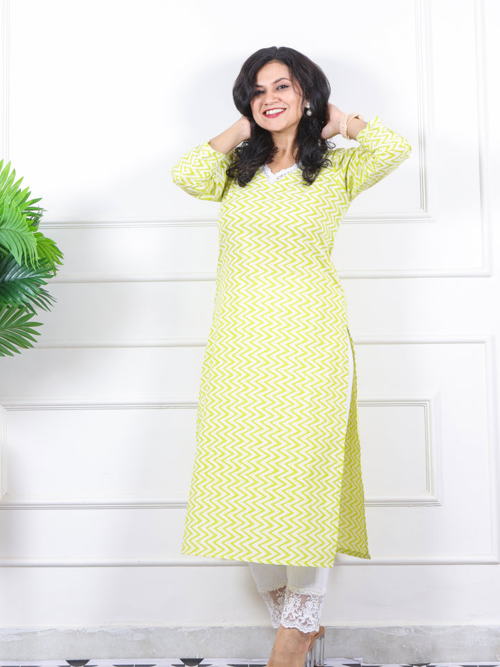 Noor Minty Neon V Neck Lace in Zig-Zag Printed Cotton Kurti