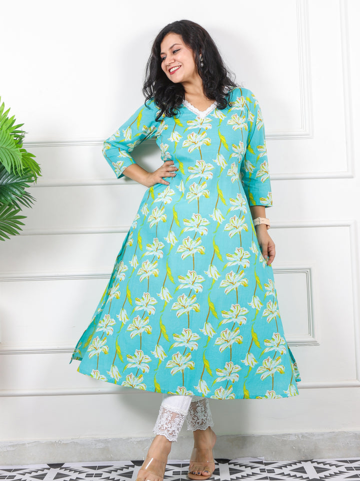 Noor Turquise Teal V Neck Lace in Floral Printed Cotton Kurti