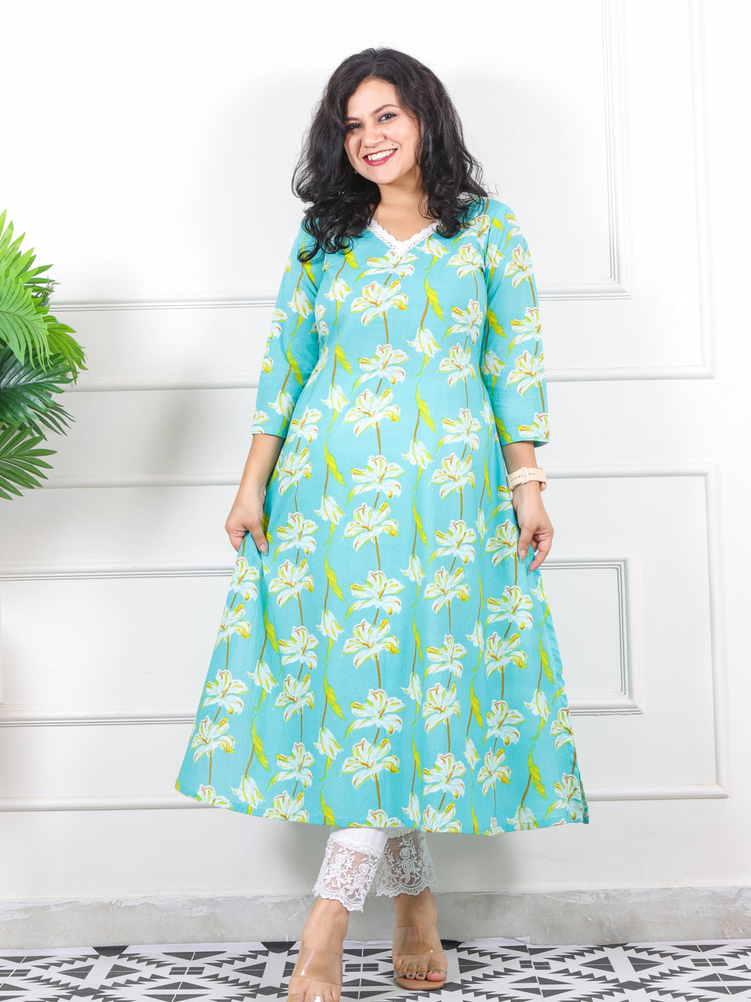 Noor Turquise Teal V Neck Lace in Floral Printed Cotton Kurti