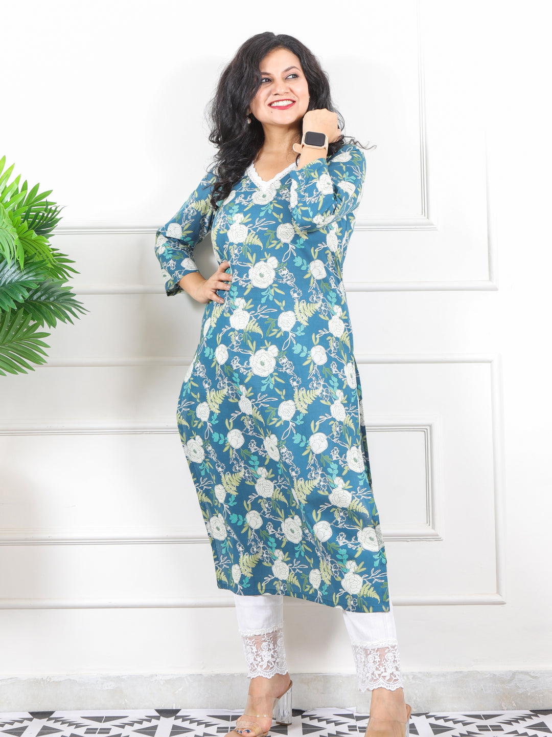 Noor Dark Sage V Neck Lace in Floral Printed Cotton Kurti