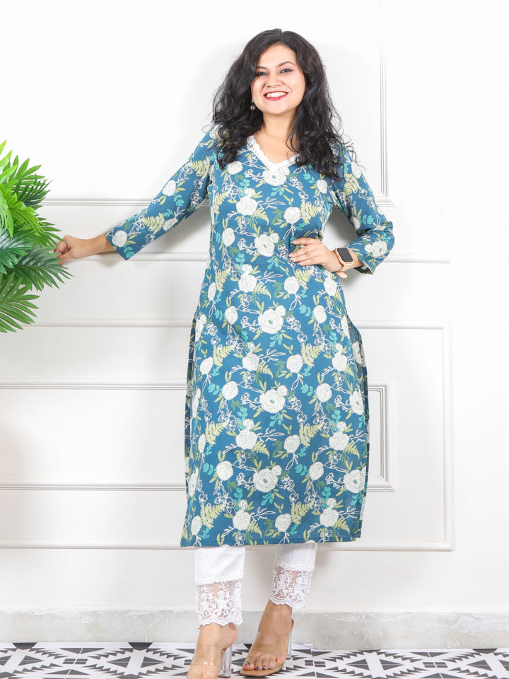 Noor Dark Sage V Neck Lace in Floral Printed Cotton Kurti