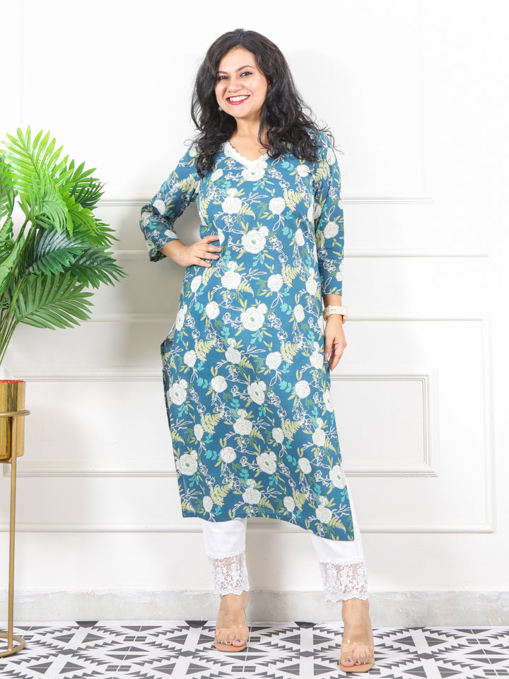 Noor Dark Sage V Neck Lace in Floral Printed Cotton Kurti