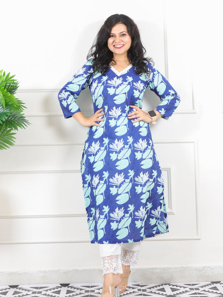 Noor Deep Blue V Neck Lace in Floral Printed Cotton Kurti