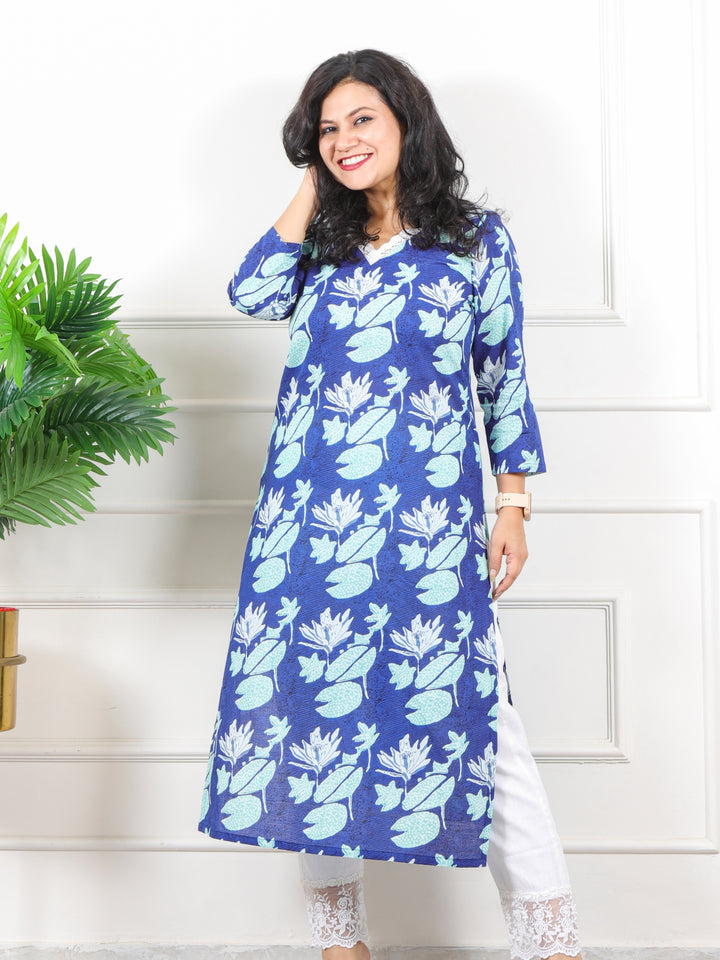 Noor Deep Blue V Neck Lace in Floral Printed Cotton Kurti