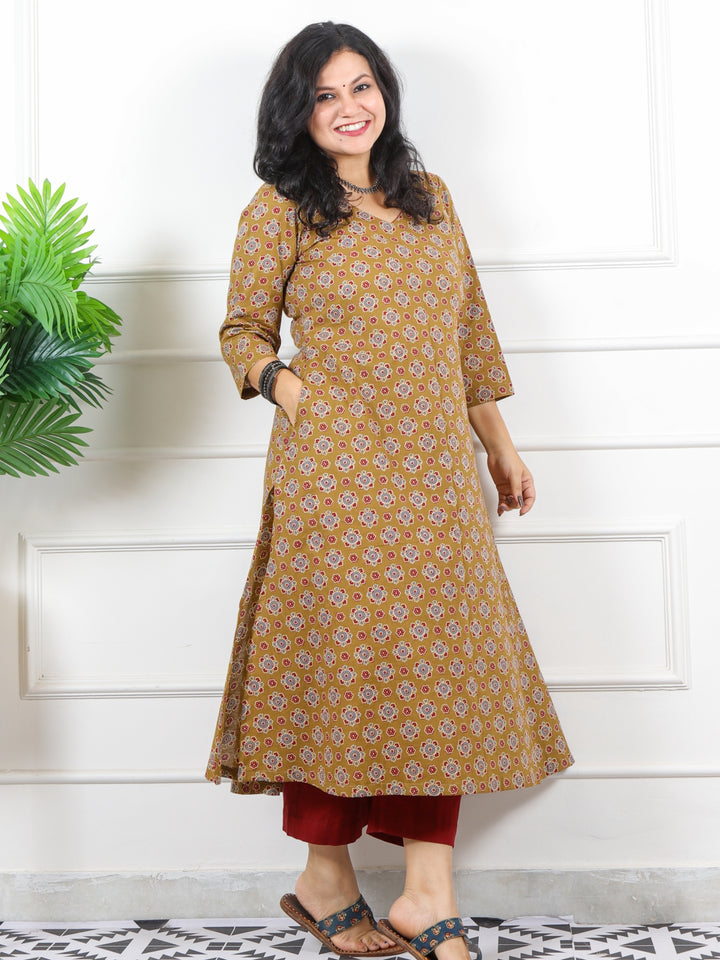 Noor Mustard Brown V Neck Lace in Ajrak Printed Cotton Kurti-D2