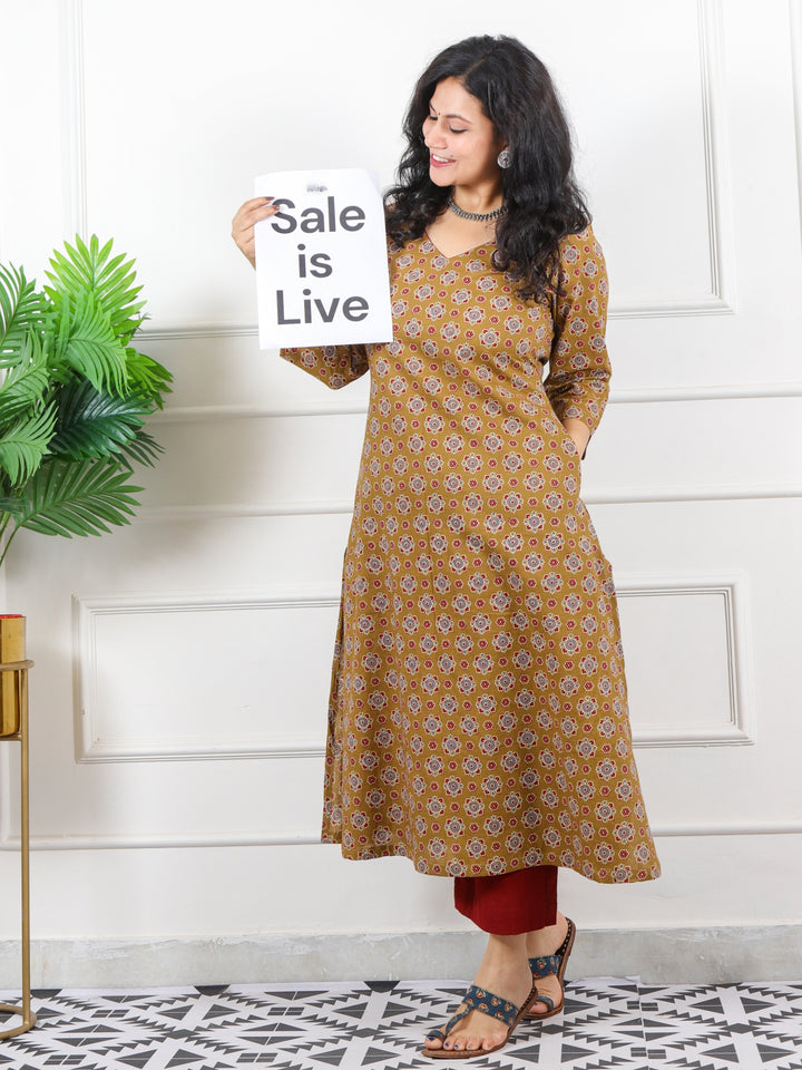 Noor Mustard Brown V Neck Lace in Ajrak Printed Cotton Kurti-D2
