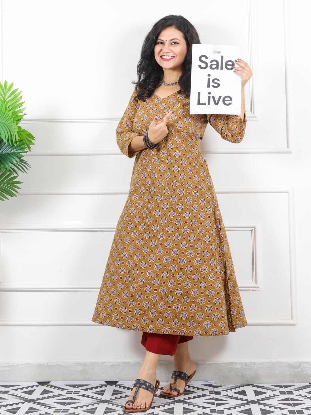 Noor Mustard Brown V Neck Lace in Ajrak Printed Cotton Kurti-D2