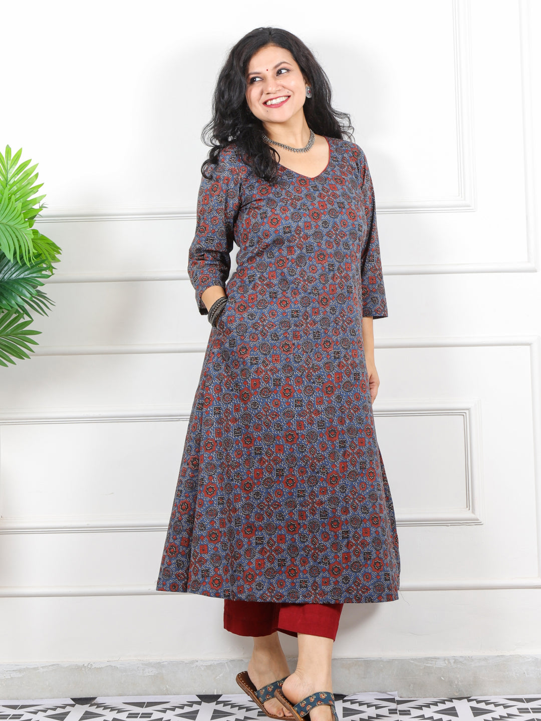 Noor Cerulean Blue V Neck Lace in Ajrak Printed Cotton Kurti