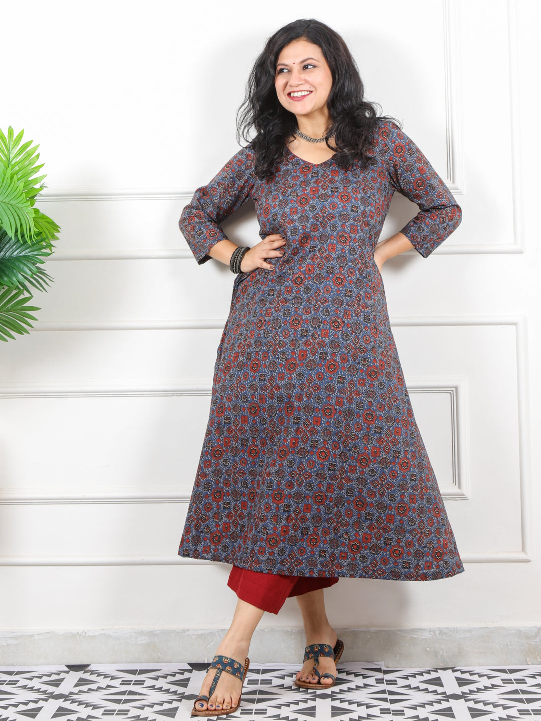 Noor Cerulean Blue V Neck Lace in Ajrak Printed Cotton Kurti