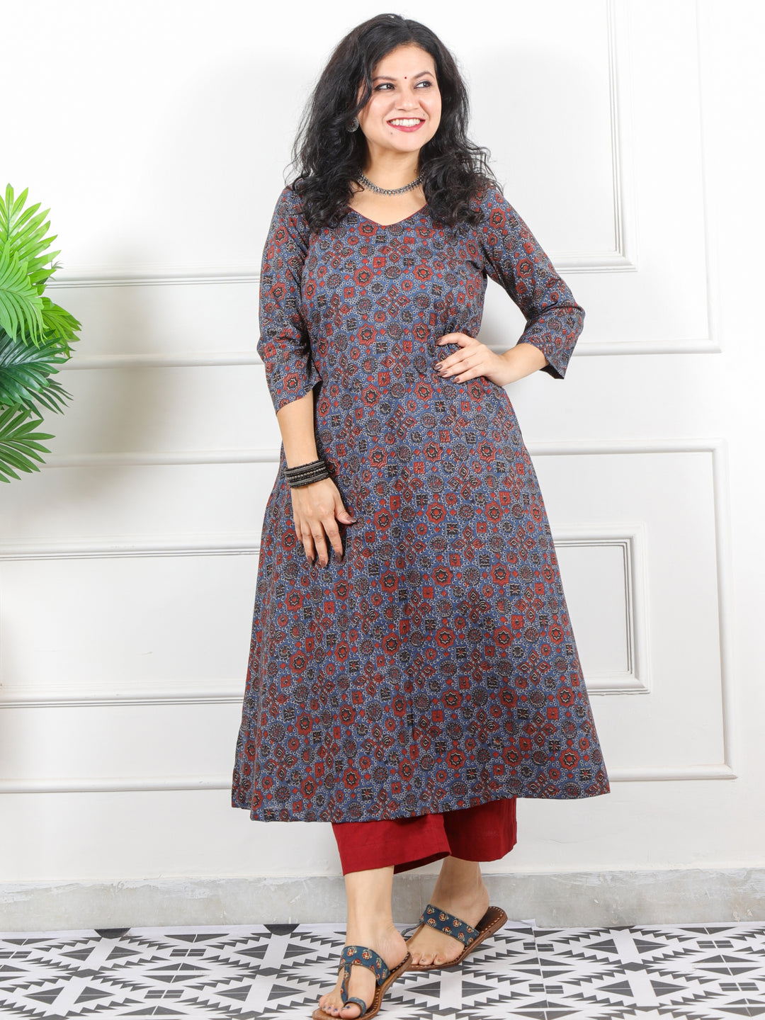Noor Cerulean Blue V Neck Lace in Ajrak Printed Cotton Kurti