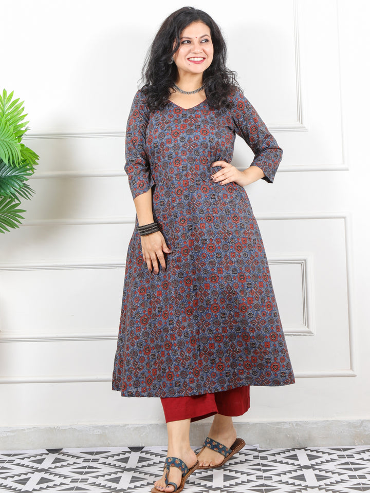 Noor Cerulean Blue V Neck Lace in Ajrak Printed Cotton Kurti