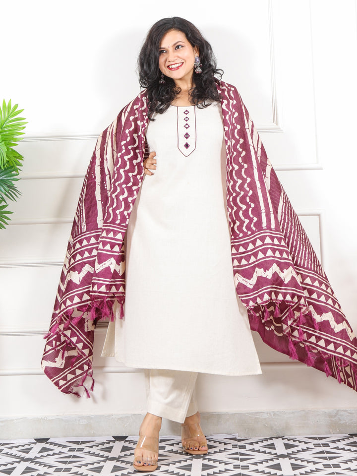 Roop Shell White with Mirror Neck Work Khadi Cotton 3 Piece Set