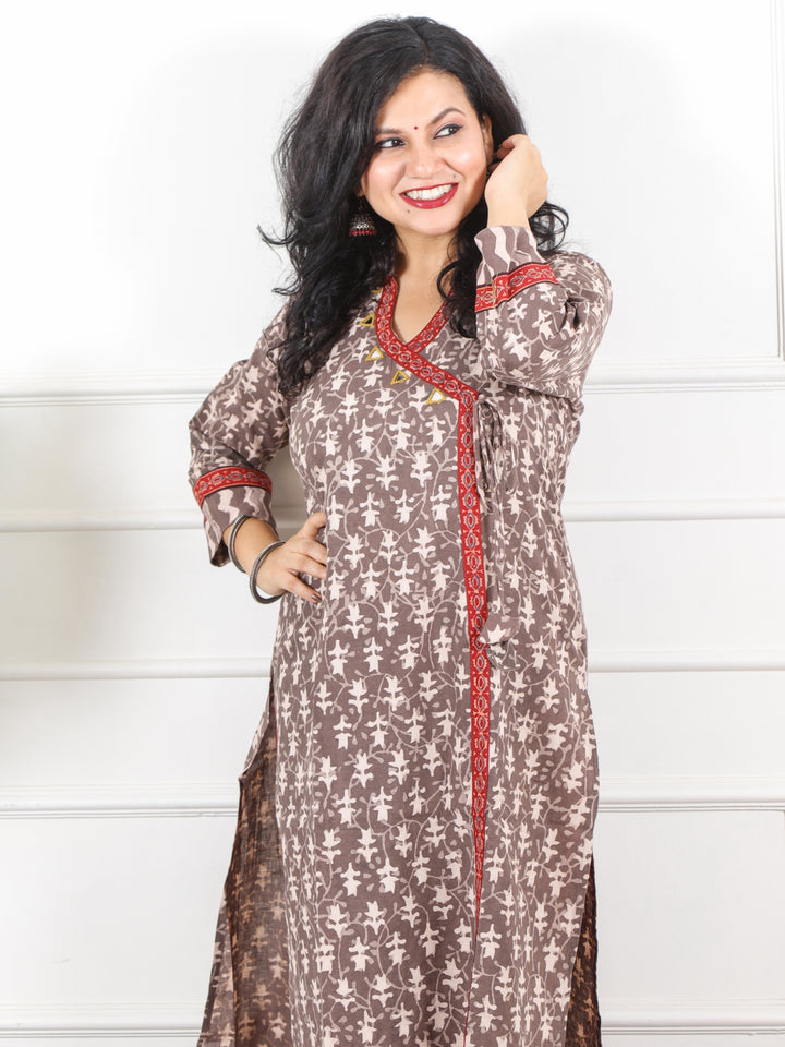 Naaz Tan Beige Long Angrakha Style Neck Dabu Printed Cotton Kurti