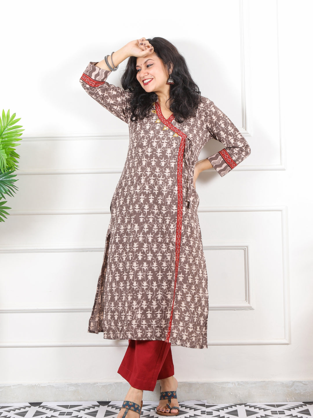 Naaz Tan Beige Long Angrakha Style Neck Dabu Printed Cotton Kurti